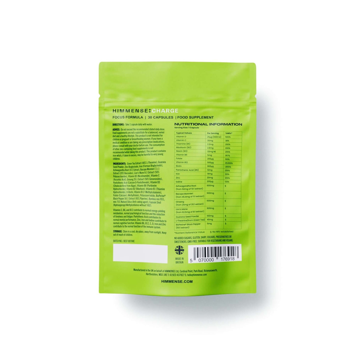 Back of CHARGE supplement package showing nutritional information and ingredients.