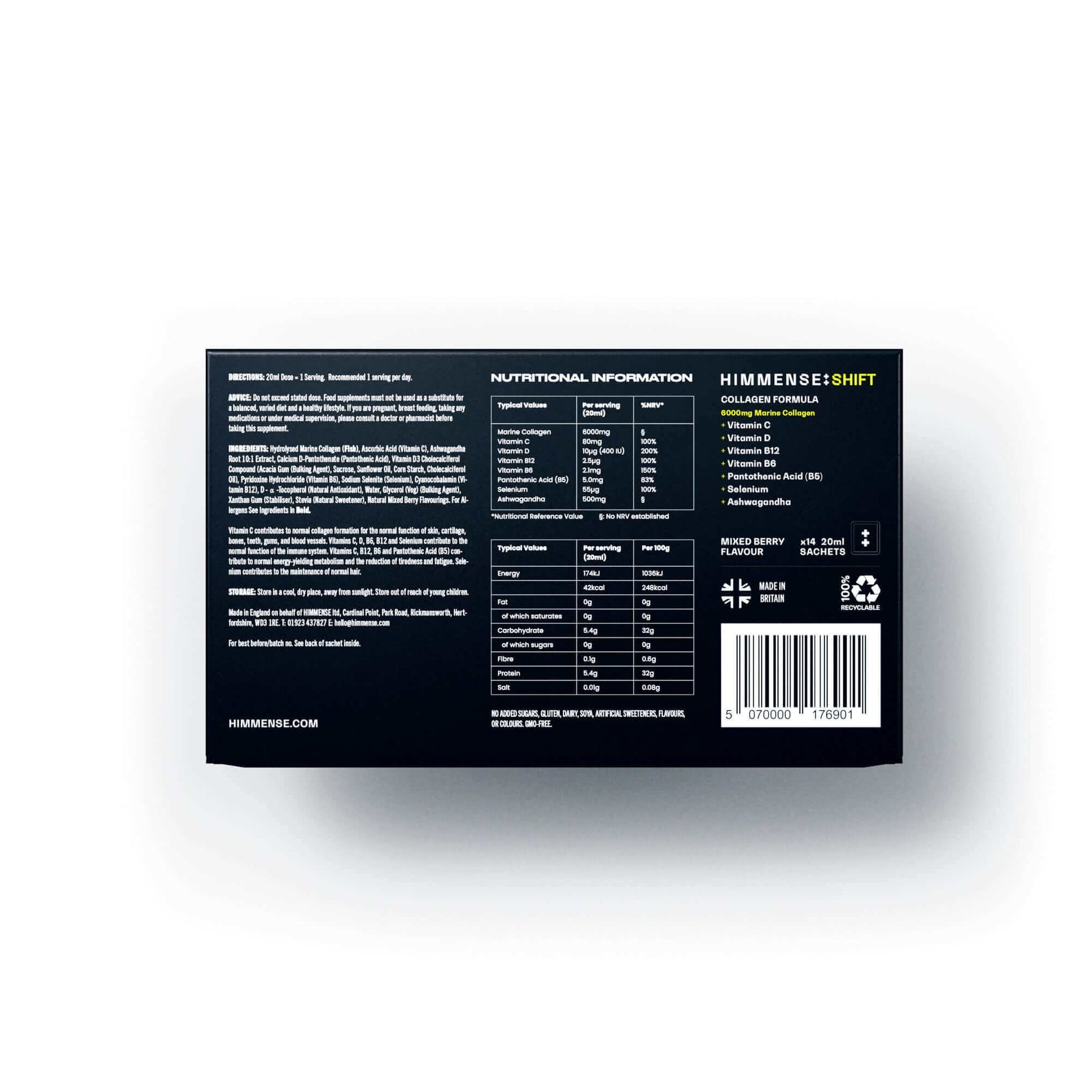 SHIFT product packaging displaying nutritional information including Hydrolysed Marine Collagen, Vitamin C, Vitamin D, Selenium, and Ashwagandha