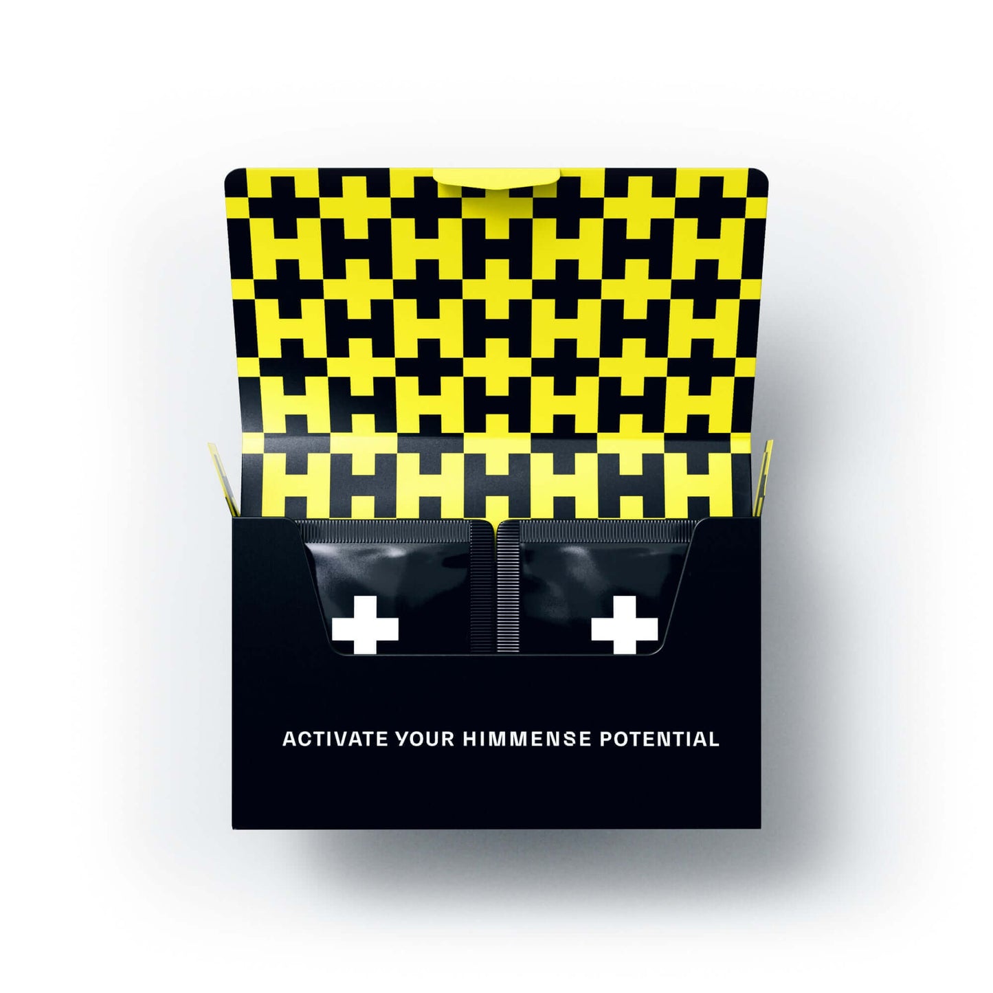 Open box of SHIFT collagen supplements with bright yellow cross pattern and text "Activate Your Immense Potential" written on the box.